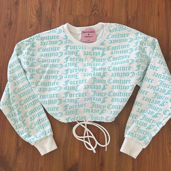 Juicy Couture Tops - Juicy couture / forever 21 cropped white turquoise sweatshirt size small